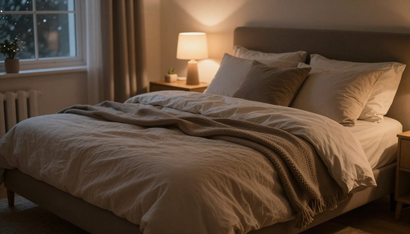 Ζεστό και άνετο κρεβάτι με κουβέρτες και μαξιλάρια.