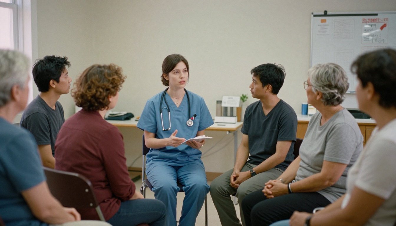 Επαγγελματίας υγείας συζητάει με ενήλικες για την πρόληψη του καρκίνου