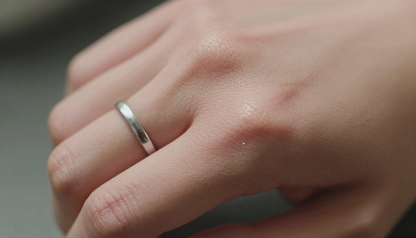 Κοντινή εικόνα ενός πρησμένου δαχτύλου με κολλημένο δαχτυλίδι.