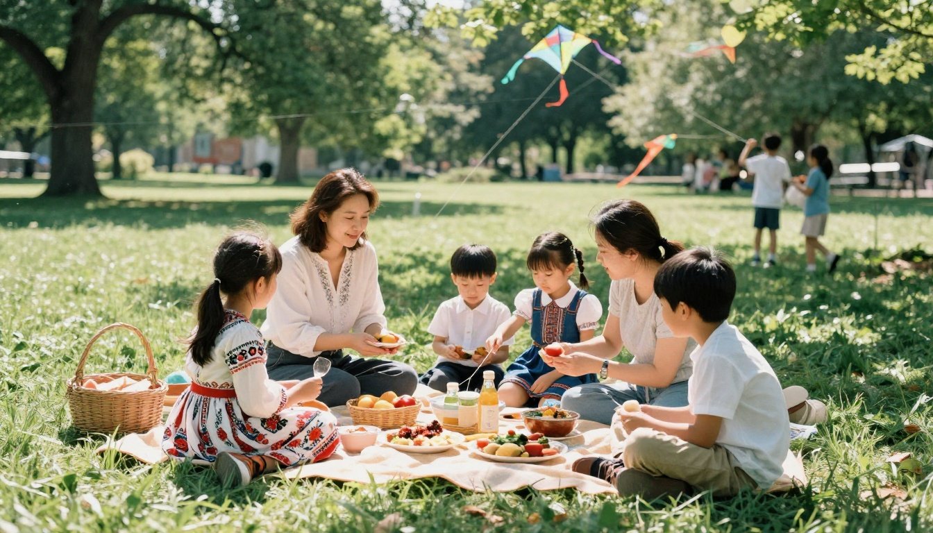Οικογένεια απολαμβάνει πικνίκ με νηστίσιμα εδέσματα κατά την Καθαρά Δευτέρα