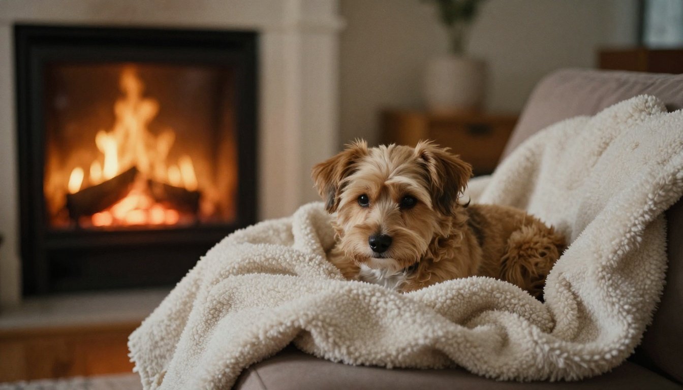 Τι πρέπει να προσέξεις για τα ζώα σου τον χειμώνα 2 Μικρό σκυλάκι σε μια ζεστή γωνιά με κουβέρτα κοντά σε τζάκι