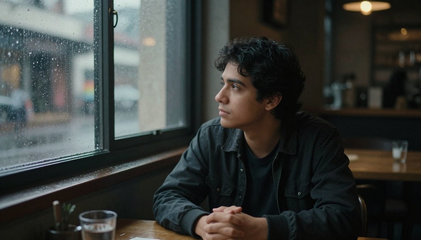 Άτομο που κοιτάζει έξω από το παράθυρο σε καφέ