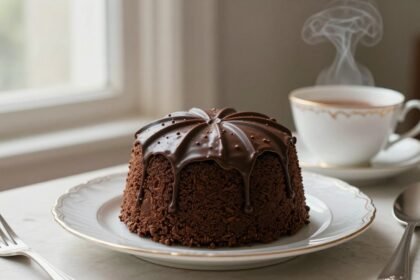 Chocolate Biscuit Cake της Βασίλισσας Ελισάβετ σε κινεζικό πιάτο με τσάι.