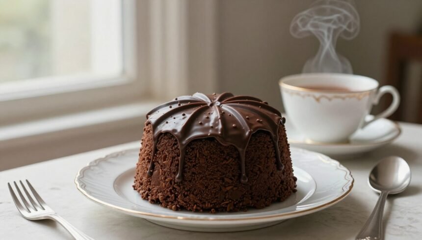 Chocolate Biscuit Cake της Βασίλισσας Ελισάβετ σε κινεζικό πιάτο με τσάι.