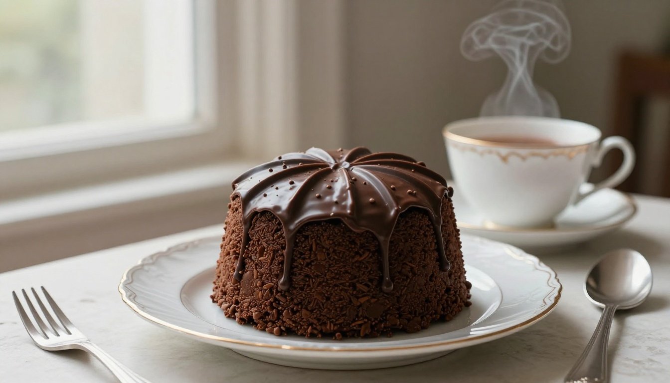 Chocolate Biscuit Cake της Βασίλισσας Ελισάβετ σε κινεζικό πιάτο με τσάι.