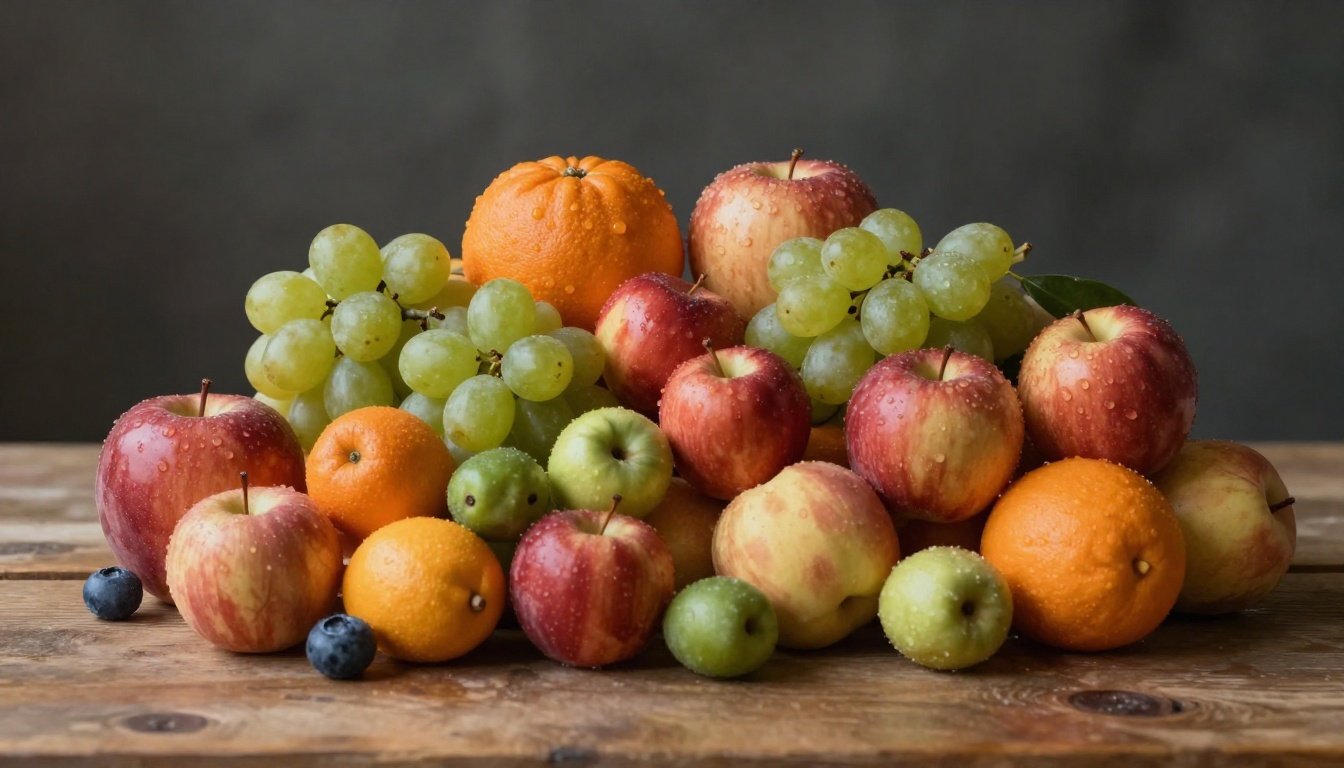 Εικόνα με φρούτα όπως μήλα, καρπούζι, σμέουρα, γκρέιπφρουτ και πορτοκάλια σε χρώματα που αναδεικνύουν τη φρεσκάδα και την υγεία.