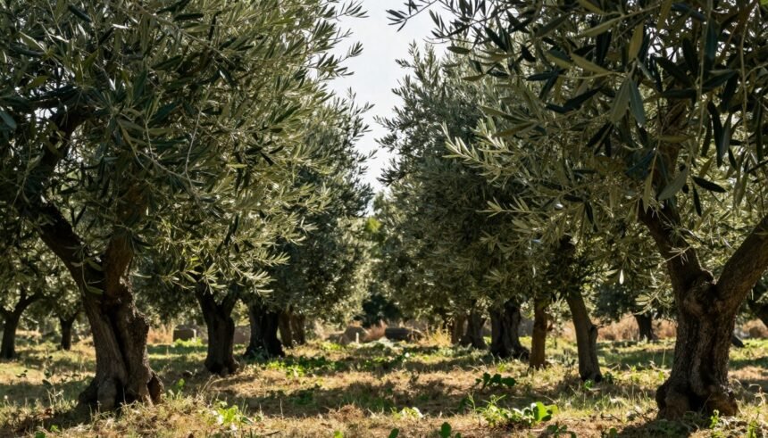 Ελαιόδεντρα κατά τη διαδικασία του κλαδέματος σε ηλιόλουστο ελαιοκομείο