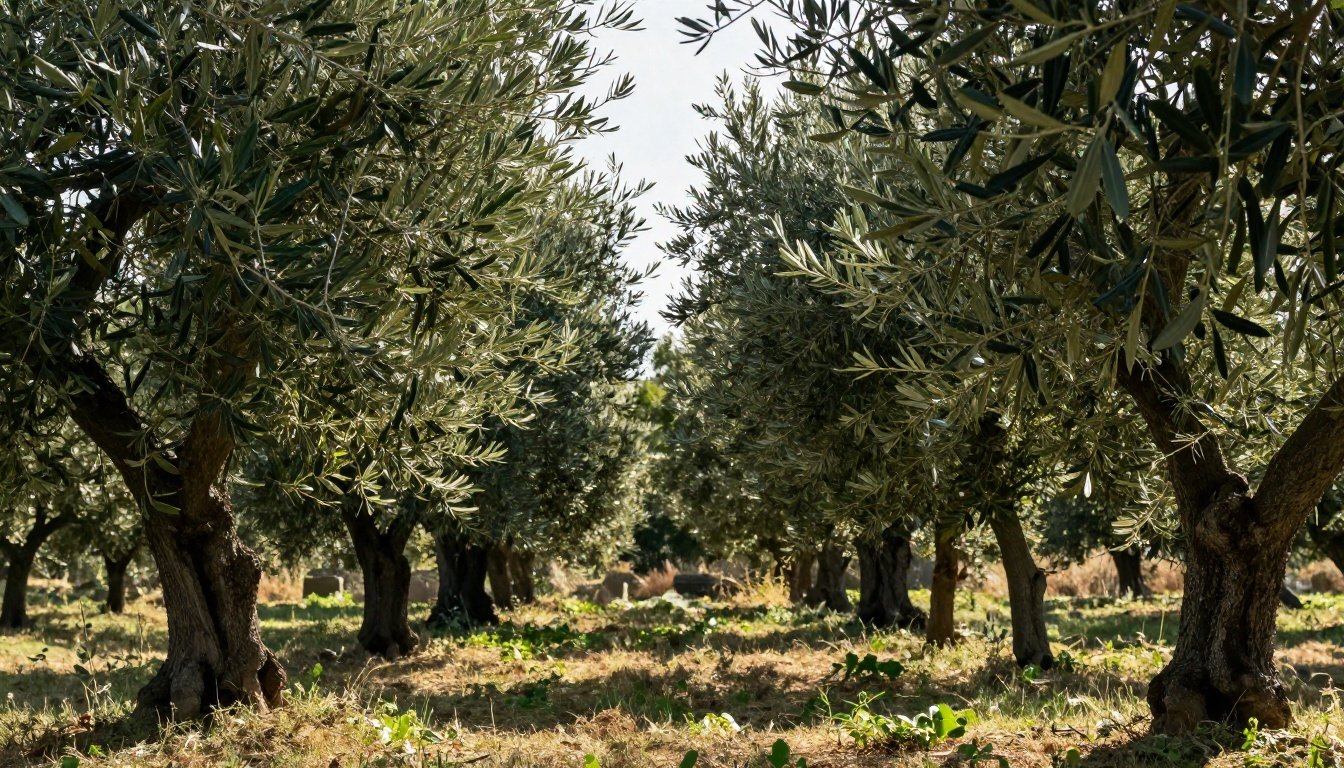 Ελαιόδεντρα κατά τη διαδικασία του κλαδέματος σε ηλιόλουστο ελαιοκομείο