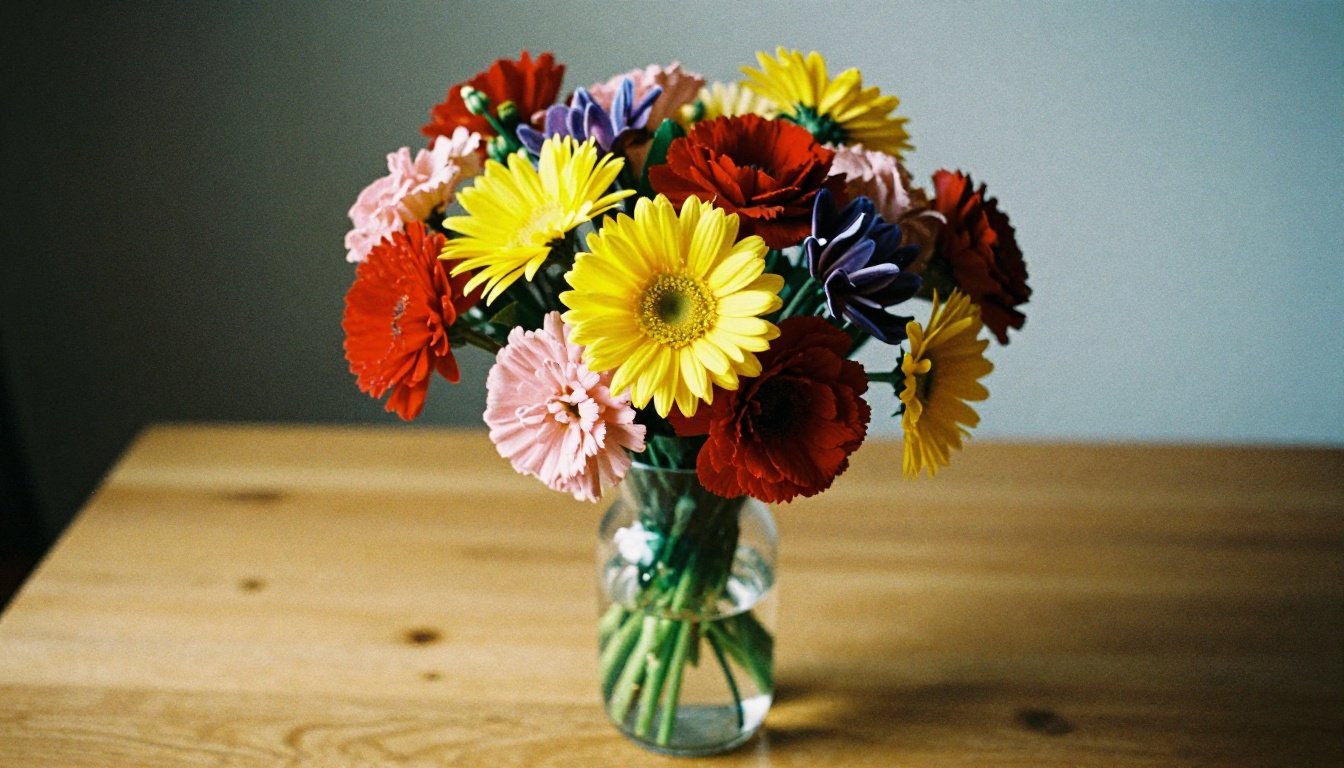 Φρέσκα λουλούδια σε διάφανο βάζο