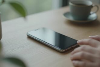 Ένα κινητό τηλέφωνο σε αθόρυβη λειτουργία τοποθετημένο σε ένα ήρεμο γραφείο με φυσικό φωτισμό.