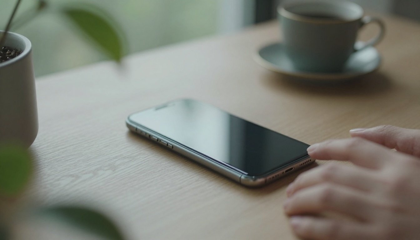 Ένα κινητό τηλέφωνο σε αθόρυβη λειτουργία τοποθετημένο σε ένα ήρεμο γραφείο με φυσικό φωτισμό.