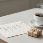 Μια εικόνα με ένα χειρόγραφο γράμμα, ένα μικρό δωράκι και ένα φλιτζάνι καφέ σε ένα τραπέζι, που αποπνέει ζεστασιά και φροντίδα.