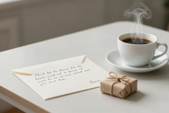 Μια εικόνα με ένα χειρόγραφο γράμμα, ένα μικρό δωράκι και ένα φλιτζάνι καφέ σε ένα τραπέζι, που αποπνέει ζεστασιά και φροντίδα.