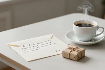 Μια εικόνα με ένα χειρόγραφο γράμμα, ένα μικρό δωράκι και ένα φλιτζάνι καφέ σε ένα τραπέζι, που αποπνέει ζεστασιά και φροντίδα.