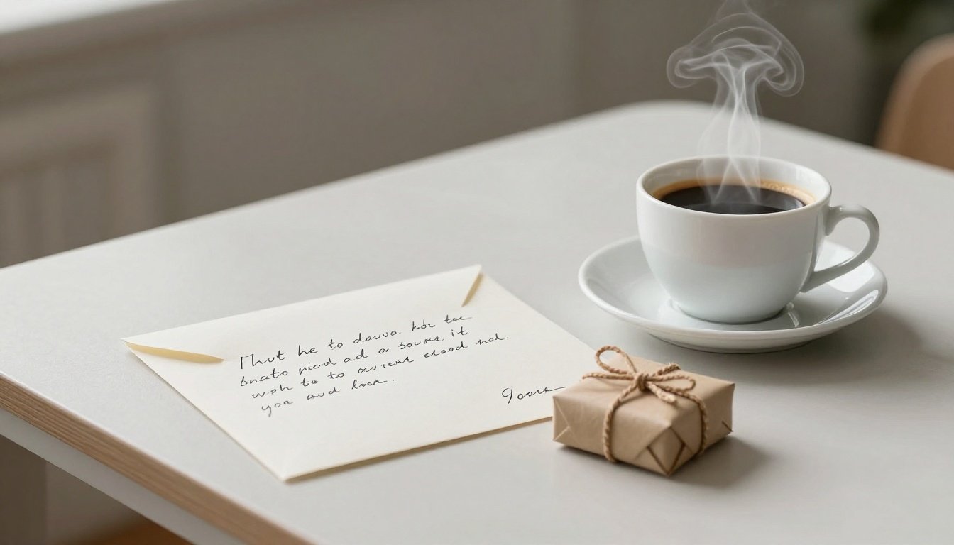 Μια εικόνα με ένα χειρόγραφο γράμμα, ένα μικρό δωράκι και ένα φλιτζάνι καφέ σε ένα τραπέζι, που αποπνέει ζεστασιά και φροντίδα.