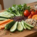 Μια υγιεινή χορτοφαγική γεύση σε ξύλινο τραπέζι με φρέσκα λαχανικά και δημητριακά.