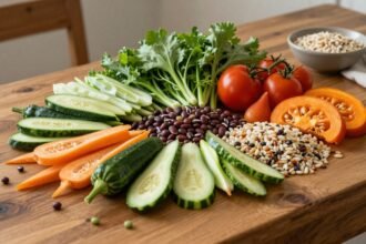 Μια υγιεινή χορτοφαγική γεύση σε ξύλινο τραπέζι με φρέσκα λαχανικά και δημητριακά.