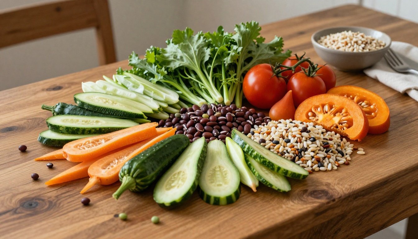 Μια υγιεινή χορτοφαγική γεύση σε ξύλινο τραπέζι με φρέσκα λαχανικά και δημητριακά.