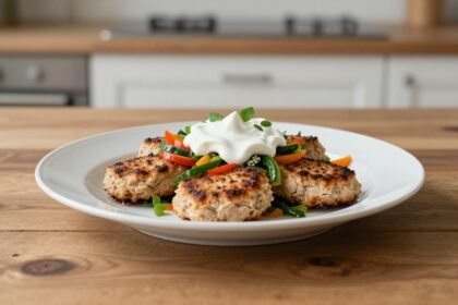 Μπιφτέκια γαλοπούλας με γιαούρτι και λαχανικά σε πιάτο