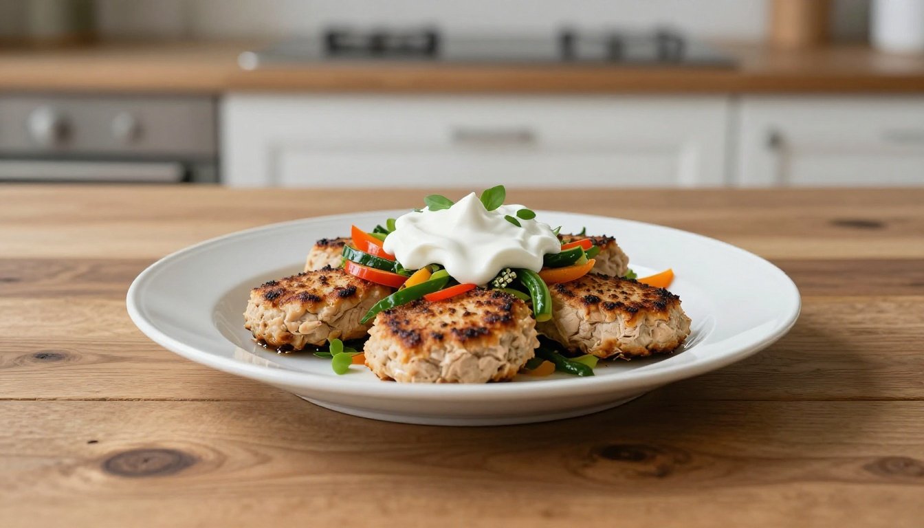 Μπιφτέκια γαλοπούλας με γιαούρτι και λαχανικά σε πιάτο