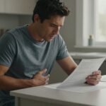 Άνδρας που διαβάζει ιατρική έκθεση στο τραπέζι της κουζίνας