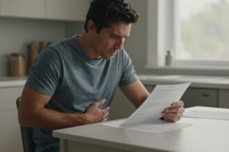 Άνδρας που διαβάζει ιατρική έκθεση στο τραπέζι της κουζίνας