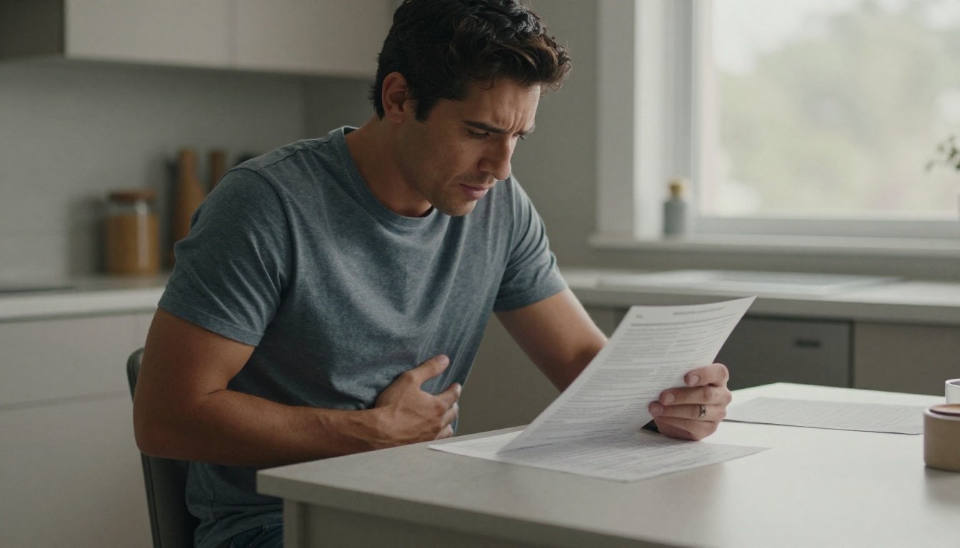 Άνδρας που διαβάζει ιατρική έκθεση στο τραπέζι της κουζίνας