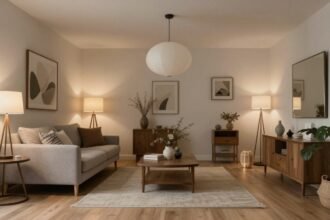 Διακοσμημένος χώρος με πολλαπλές πηγές φωτός.