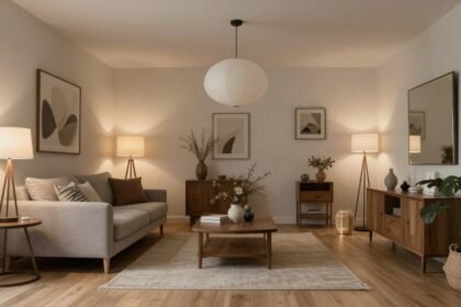 Διακοσμημένος χώρος με πολλαπλές πηγές φωτός.