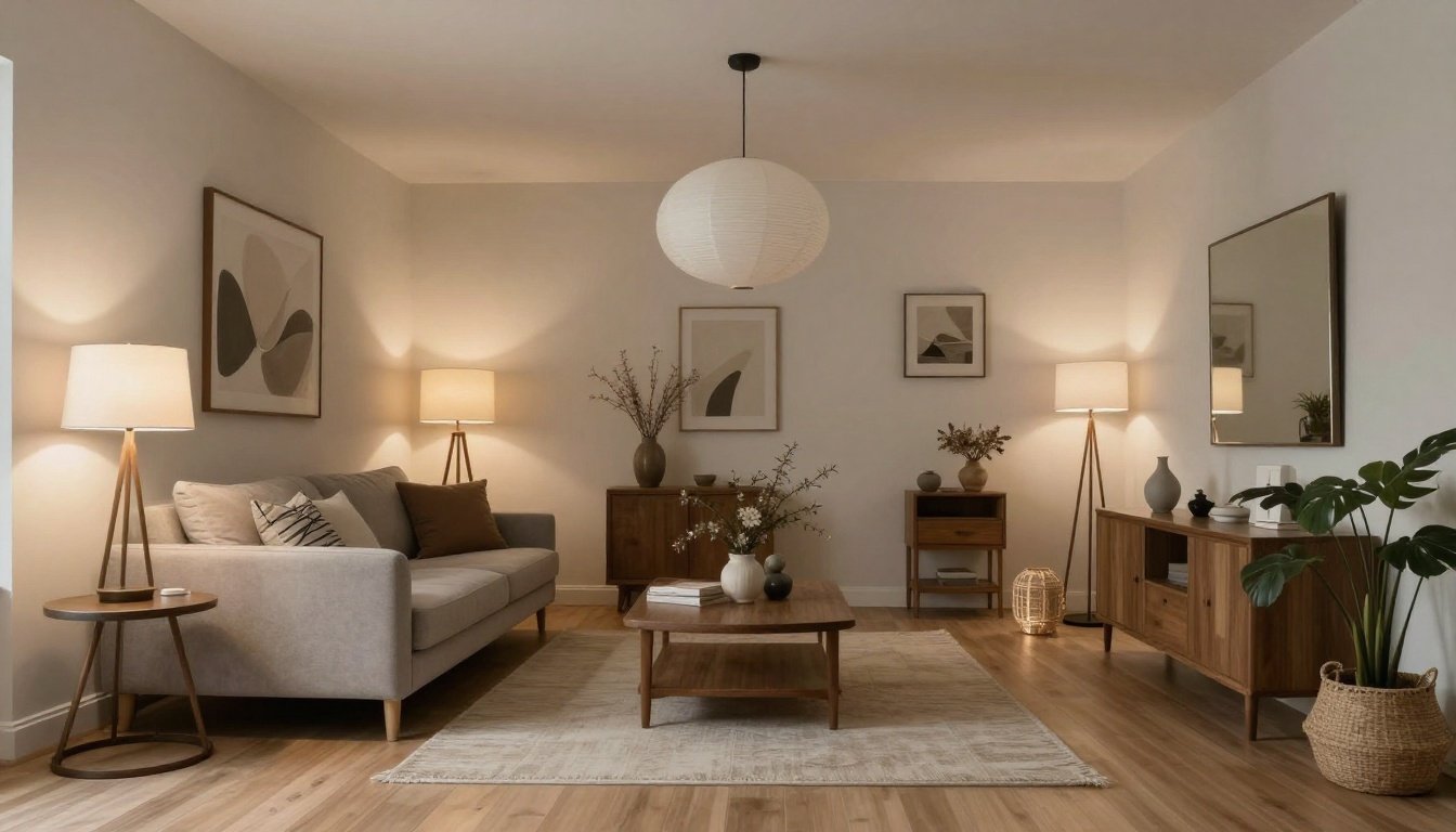 Διακοσμημένος χώρος με πολλαπλές πηγές φωτός.