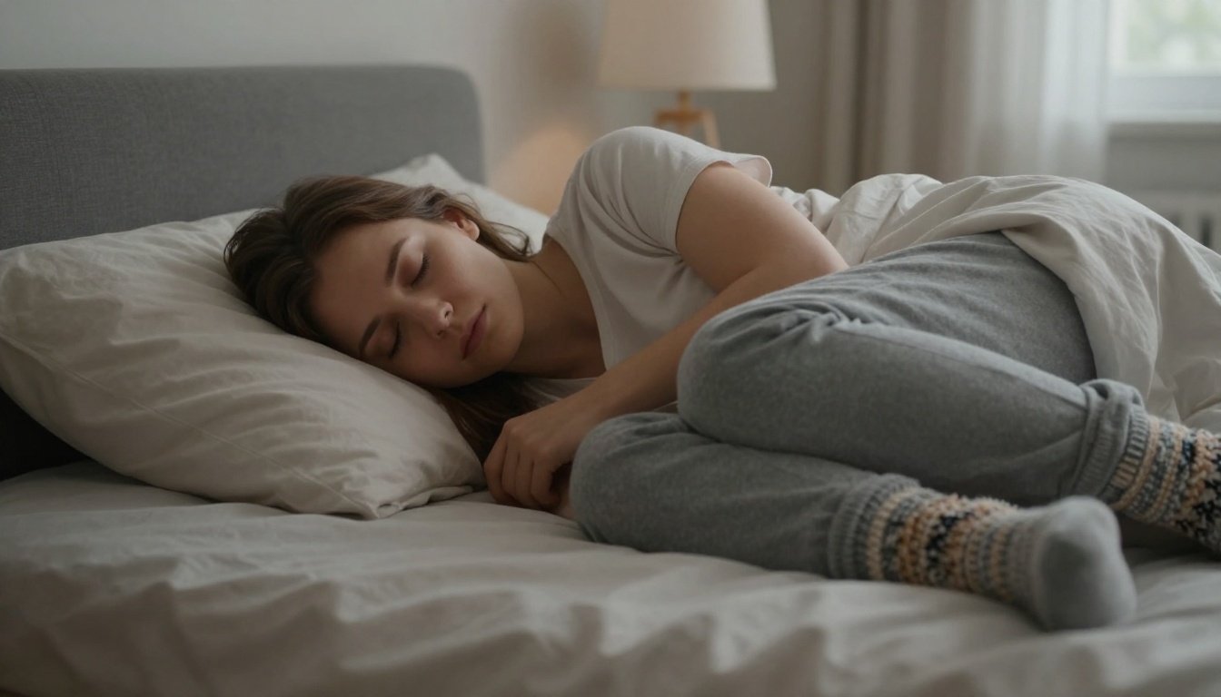 Άτομο κοιμάται ήρεμα με κάλτσες σε ήρεμο υπνοδωμάτιο