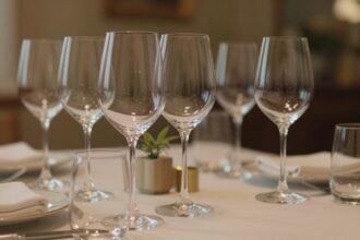 Κομψά ποτήρια κρασιού σε ένα όμορφα σερβιρισμένο τραπέζι