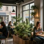 Εικόνα από εσωτερικό σύγχρονου καφέ κάνναβης στην Ευρώπη.