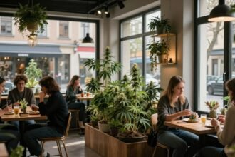 Εικόνα από εσωτερικό σύγχρονου καφέ κάνναβης στην Ευρώπη.