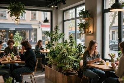 Εικόνα από εσωτερικό σύγχρονου καφέ κάνναβης στην Ευρώπη.