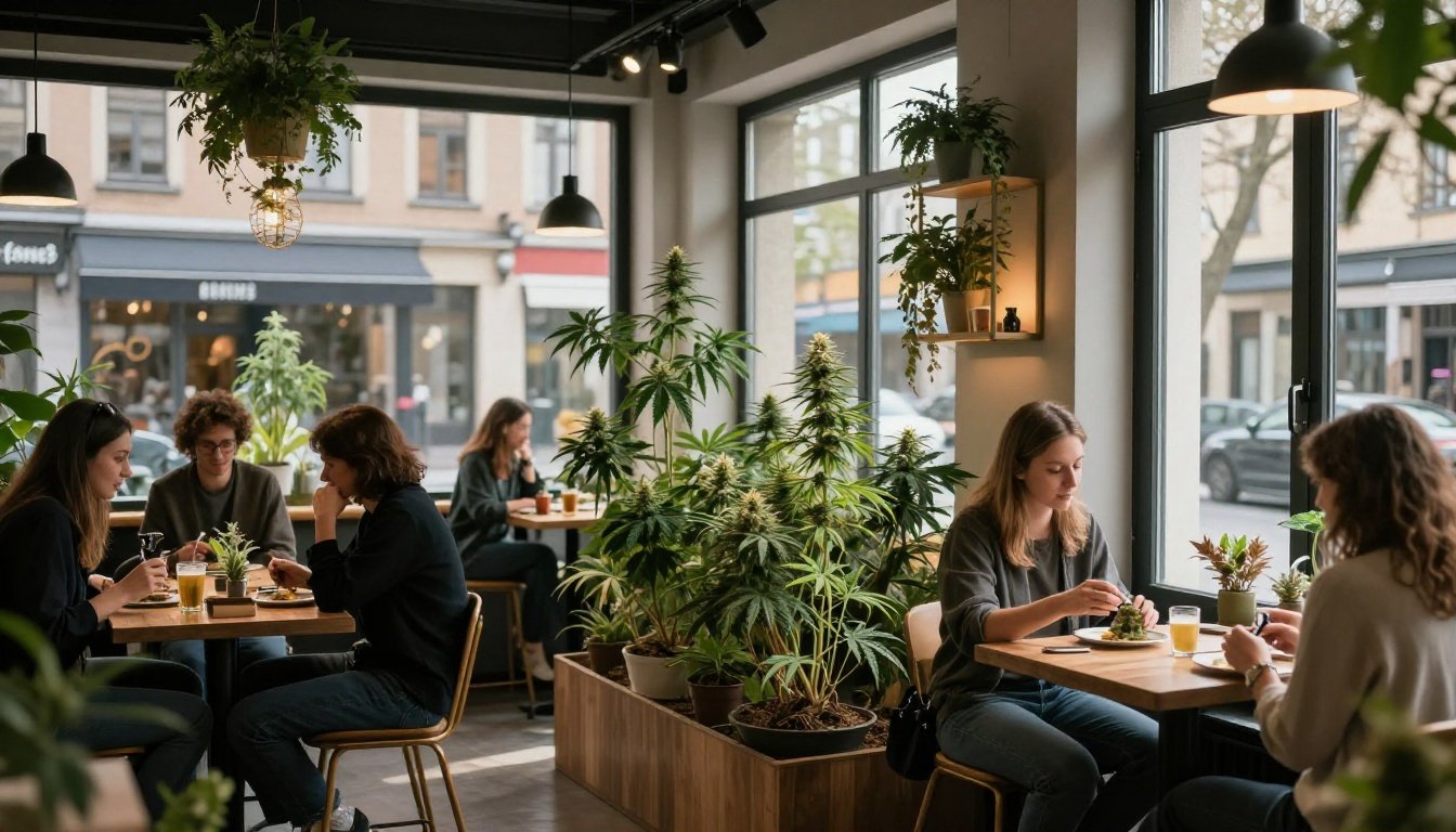 Εικόνα από εσωτερικό σύγχρονου καφέ κάνναβης στην Ευρώπη.