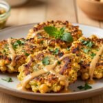 Ρεβυθοκεφτέδες με ταραμά σε πιάτο, γαρνιρισμένοι με φρέσκα βότανα και σως ταχινιού.