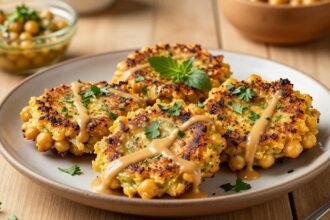 Ρεβυθοκεφτέδες με ταραμά σε πιάτο, γαρνιρισμένοι με φρέσκα βότανα και σως ταχινιού.