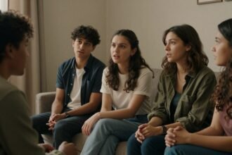 Ομάδα ανθρώπων που συζητούν με έντονα εκφραστικά πρόσωπα και αλληλεπίδραση.