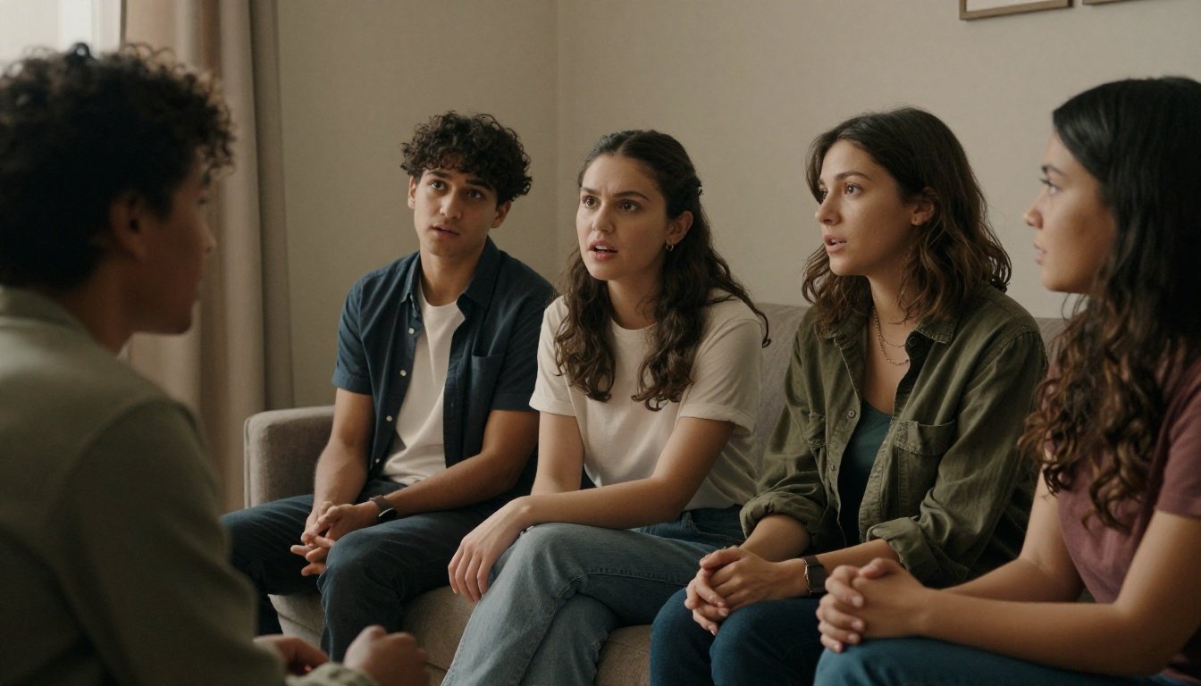 Ομάδα ανθρώπων που συζητούν με έντονα εκφραστικά πρόσωπα και αλληλεπίδραση.