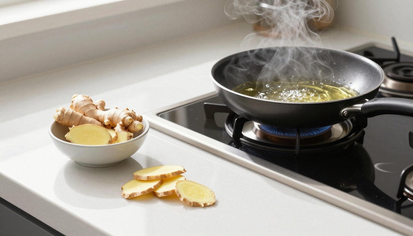 Κουζίνα με τηγανητό λάδι και φρέσκο τζίντζερ