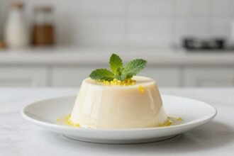 Πανακότα με φύλλα μέντας και ξύσμα λεμονιού σε λευκή πλάκα