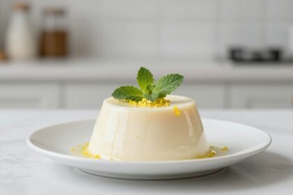 Πανακότα με φύλλα μέντας και ξύσμα λεμονιού σε λευκή πλάκα