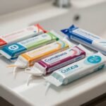 Διάφορα πακέτα οδοντικού νήματος σε πάγκο μπάνιου