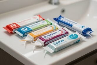 Διάφορα πακέτα οδοντικού νήματος σε πάγκο μπάνιου