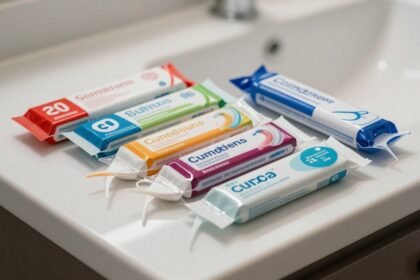 Διάφορα πακέτα οδοντικού νήματος σε πάγκο μπάνιου