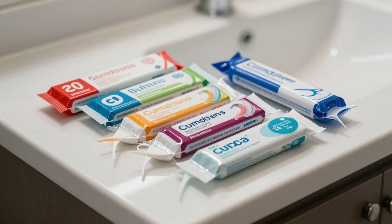 Διάφορα πακέτα οδοντικού νήματος σε πάγκο μπάνιου