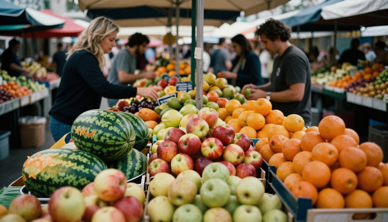 Ποιο φρούτο γεμίζει χωρίς πολλές θερμίδες – και ποιο σε κρατά για ώρες 2 Φρέσκα φρούτα σε έναν πάγκο αγοράς