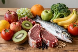 Διαφορετικές τροφές πλούσιες σε σίδηρο και βιταμίνη C, οργανωμένες σε μια ξύλινη επιφάνεια.