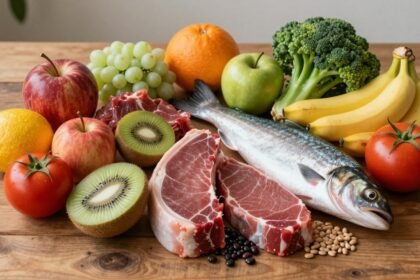 Διαφορετικές τροφές πλούσιες σε σίδηρο και βιταμίνη C, οργανωμένες σε μια ξύλινη επιφάνεια.